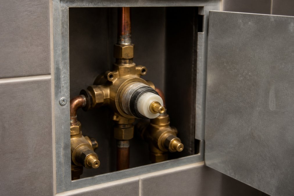 A commercial shower valve body exposed behind a removable access panel, showing the pressure-balancing cartridge, integral stops, and 1/2 in. CC connections
