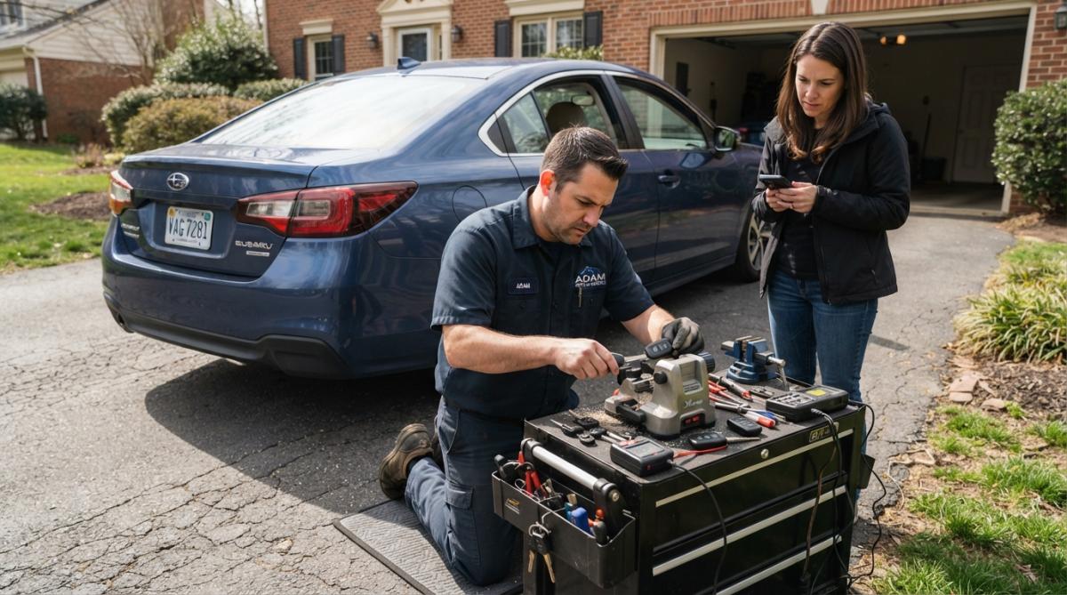 A professional locksmith in a branded uniform kneeling beside a sedan in a residential driveway, using a key cutting machine to cut a new car key while the car owner watches