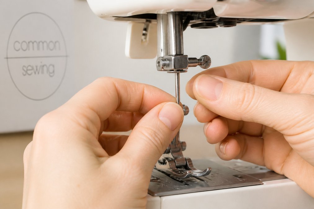 Close-up diagram showing how to replace a sewing machine needle by aligning the flat shank into the needle clamp.