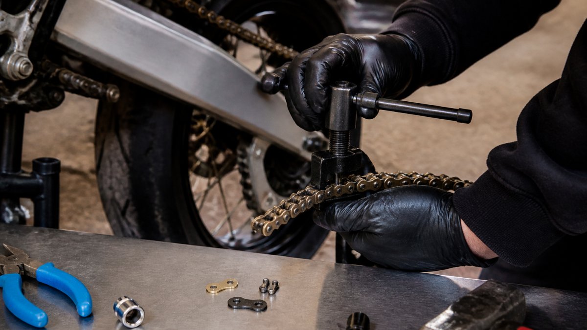 Gloved hands using a rivet tool to press the side plate onto a supermoto master link on a motorcycle chain