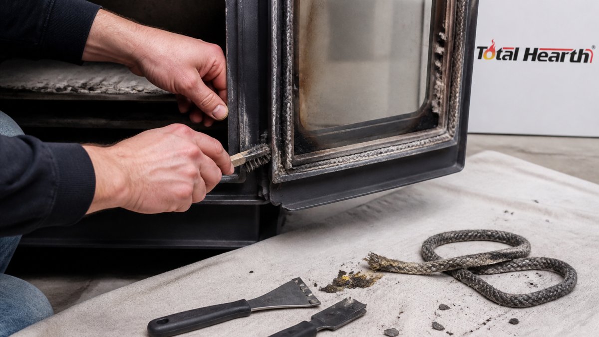 Close-up of hands using a wire brush to scrape old, brittle gasket cement out of the channel on an open wood stove door, with tools on a drop cloth nearby