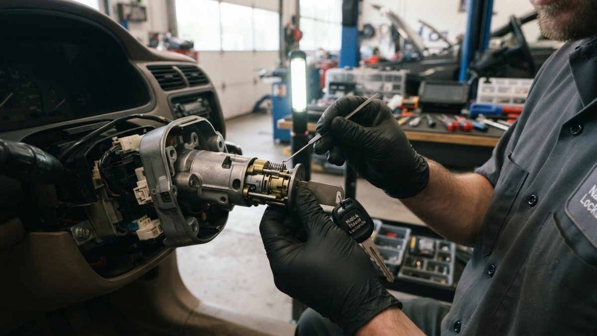 Technician using a pick tool to release the retaining pin on an ignition lock cylinder in a garage.