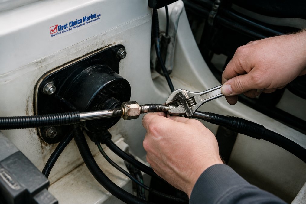 Close-up of hands using a wrench to disconnect steering cable fittings from helm assembly with cable conduit visible