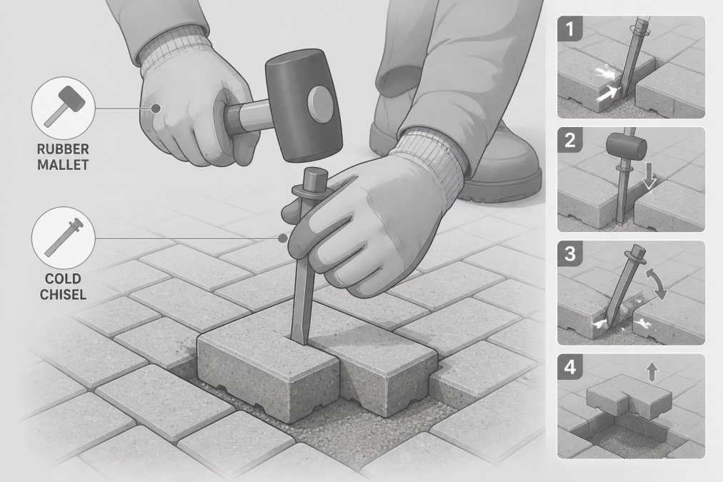 Close-up of a tradesperson's hands carefully positioning a cold chisel into the joint between interlocking block pavers, with a rubber mallet poised to strike, showing proper technique on a residential driveway