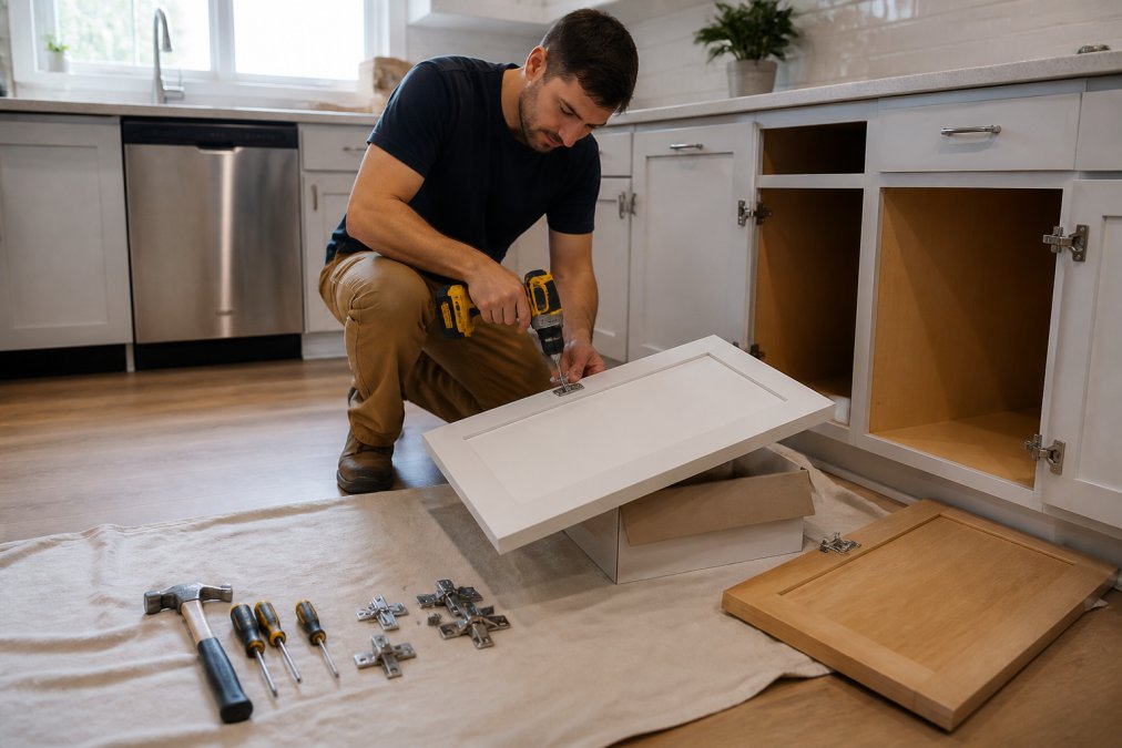 Homeowner using a cordless drill to attach a hinge to a new shaker-style cabinet door in a bright kitchen