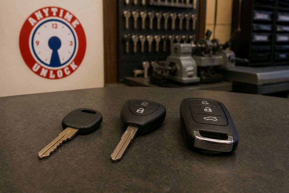 Traditional metal key, transponder key, and smart fob for lost car keys displayed on a clean shop counter.