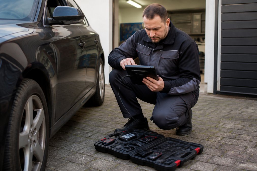 Locksmith using a diagnostic tablet to replace lost car keys by programming a new key fob near a vehicle