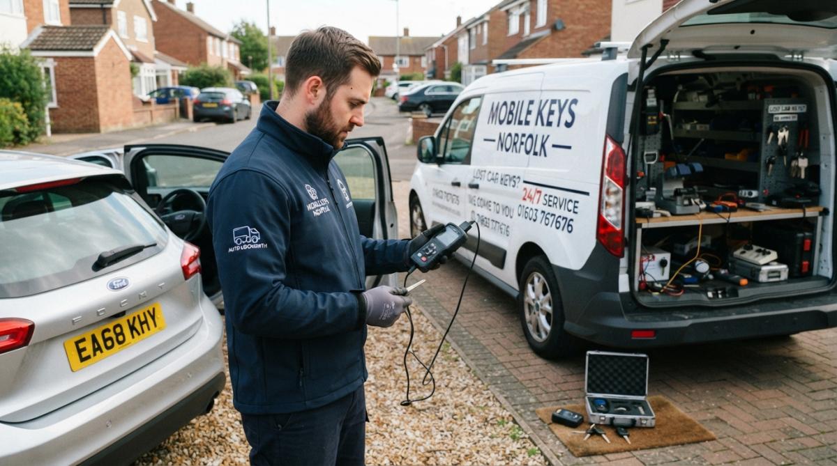 Professional mobile locksmith in branded uniform standing beside service van, holding car key cutting and programming equipment, working on-site at a vehicle with open door