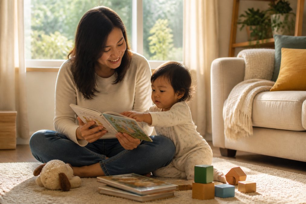 Parent reading a board book to a toddler in warm sunlight to replace screen time during their daily routine.