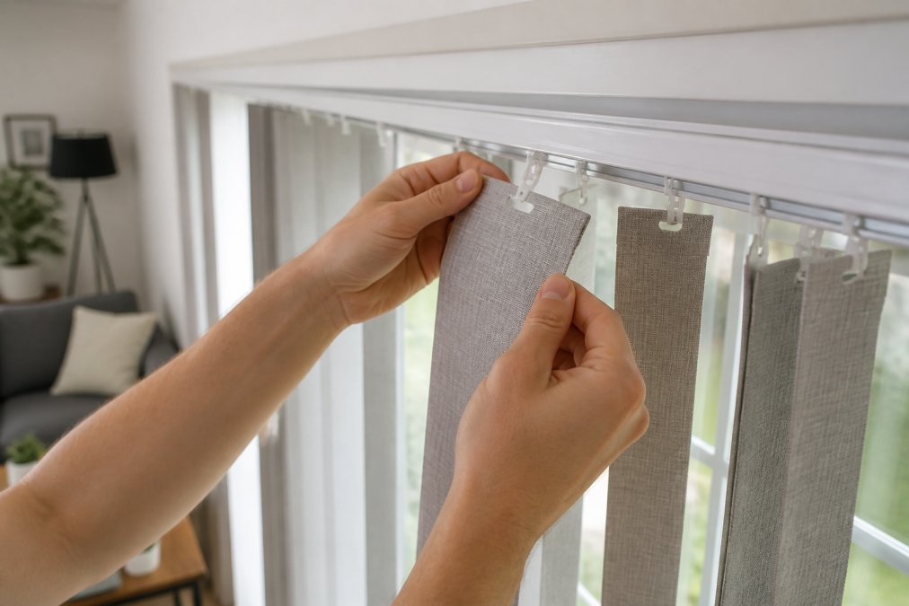 Close-up of a person's hands unhooking a vertical blind slat from a white headrail carrier clip, with several louvres hanging in the background in a bright living room