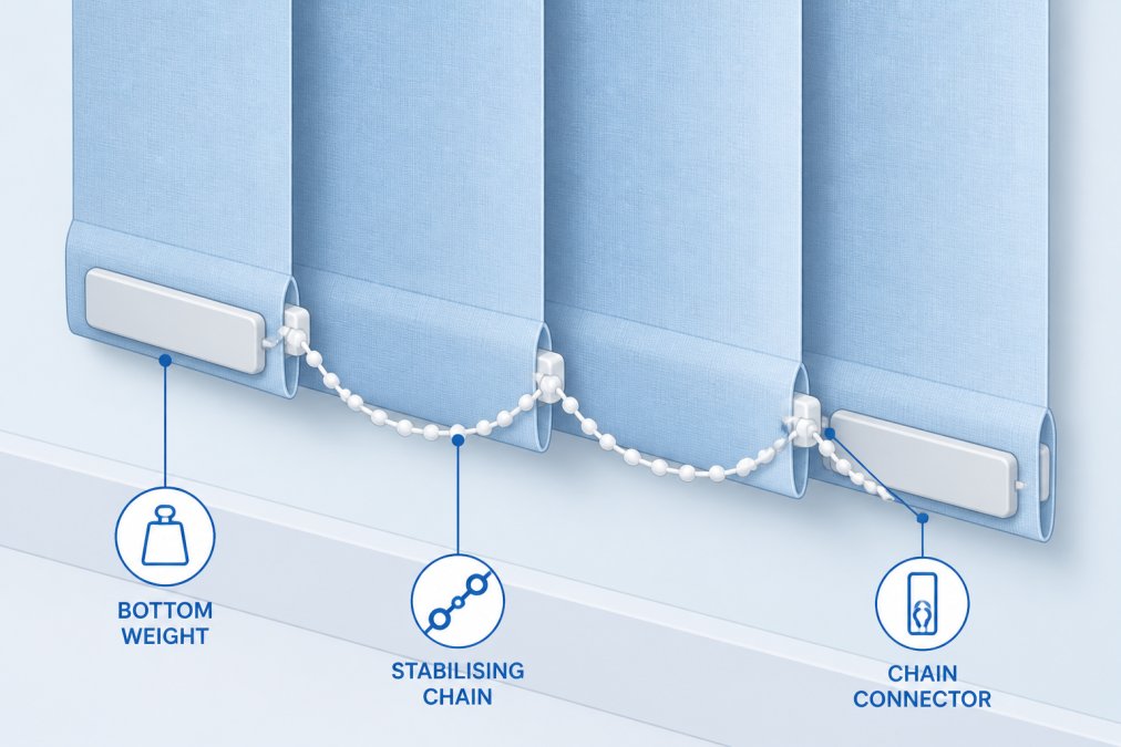 Close-up of the bottom of several vertical blind slats showing bottom weights inserted into the hem pockets and a stabilising chain threaded through, against a light-coloured wall