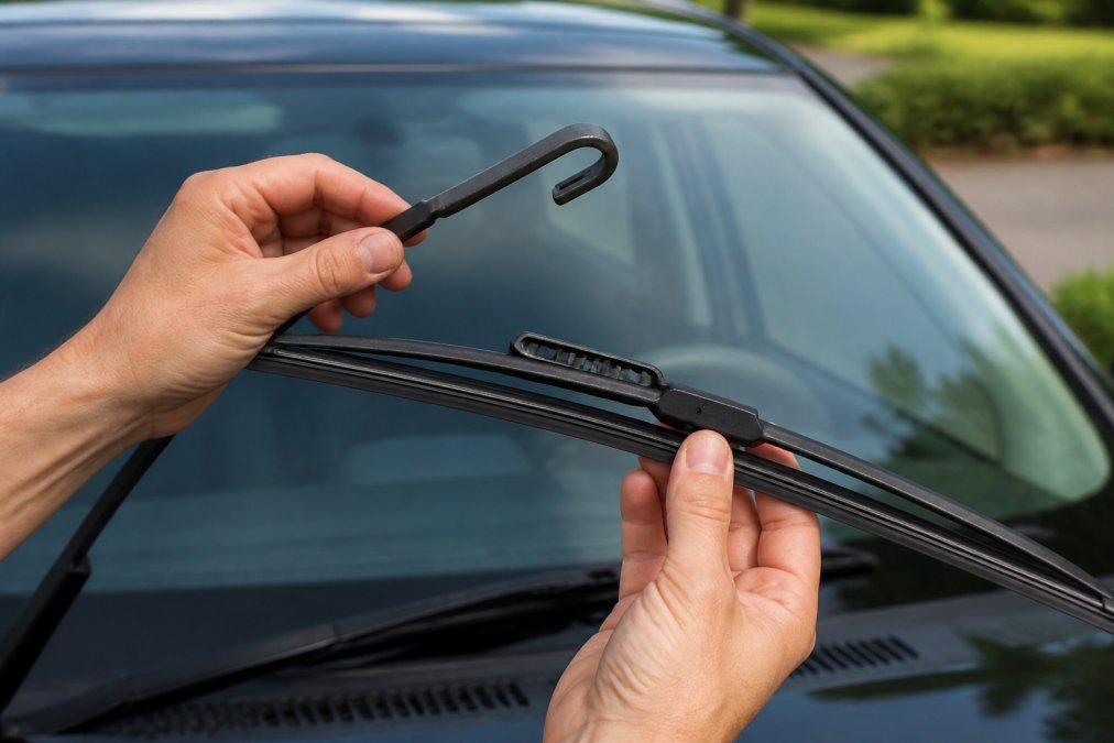 Close-up of hands lifting a spring-loaded wiper arm away from the windshield glass, showing the hook connector and blade assembly clearly
