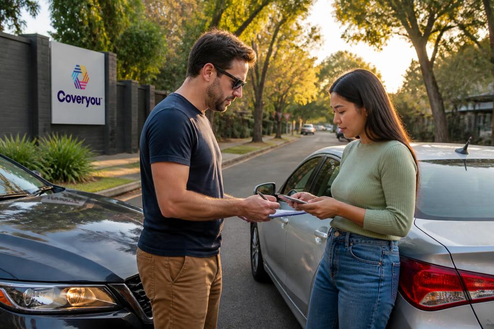 Two drivers standing beside their cars on a suburban road, exchanging documents and phone numbers after a minor collision, with hazard lights on and late afternoon light