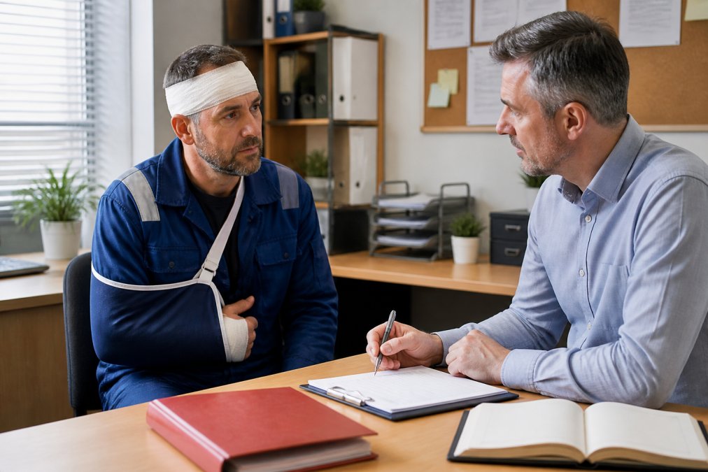 Worker speaking with line manager at desk with workplace accident book and incident report form visible, natural office lighting