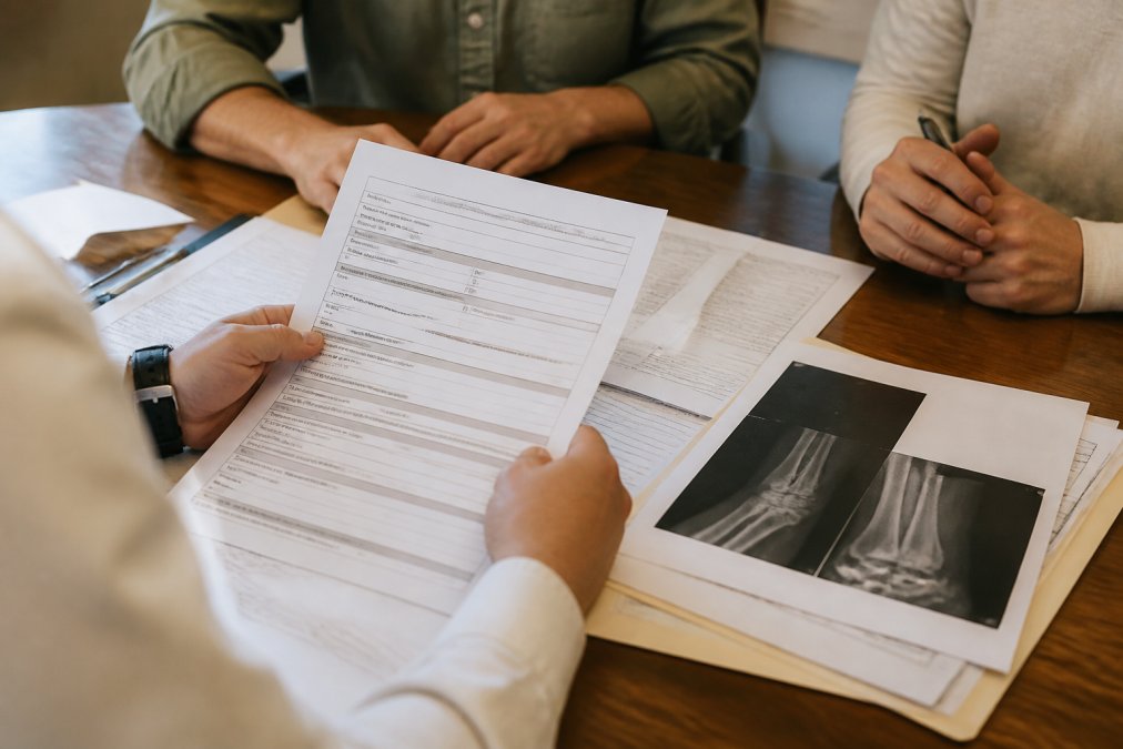 Close-up of hands holding accident report form, medical records, and witness statement documents spread across desk with natural lighting