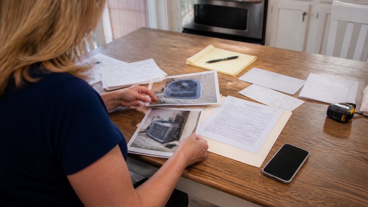 A homeowner at a kitchen table organizing documents, photos, and a written contract into a folder, with a smartphone showing a text thread nearby, warm natural light