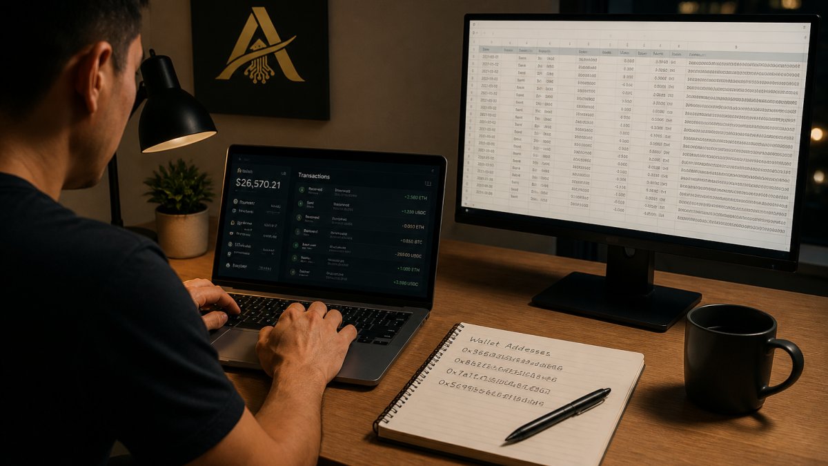 A person at a tidy desk at night, laptop open to a crypto wallet transaction history, a second monitor showing a spreadsheet of dated transactions, a notebook with handwritten wallet addresses and a pen beside it