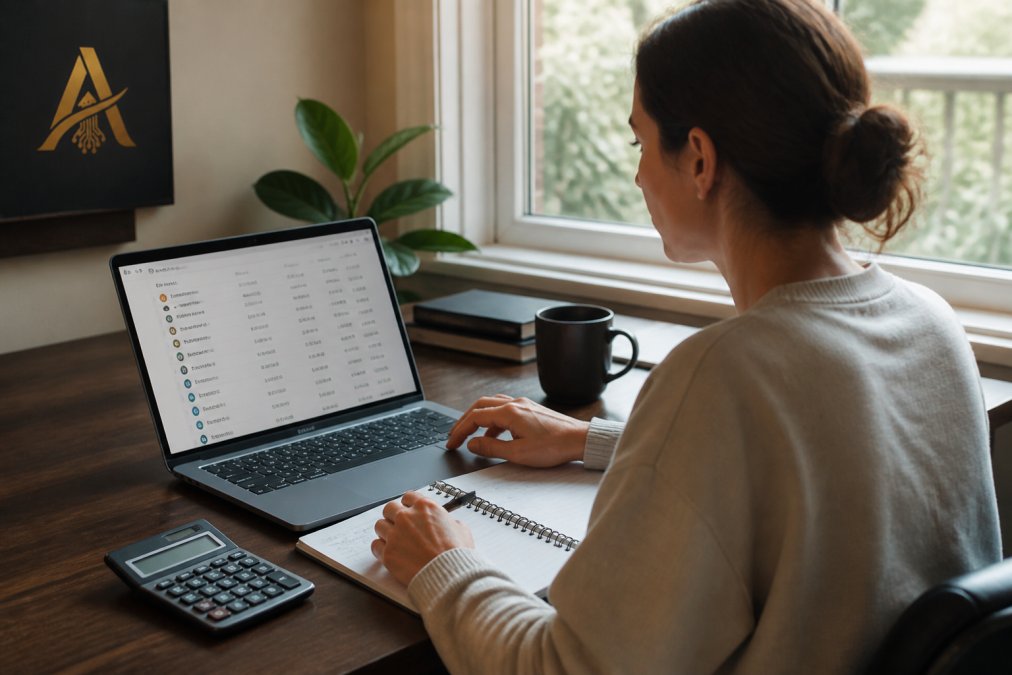 Person reviewing crypto transaction history on a laptop to report NFT sales while using a notepad and calculator.