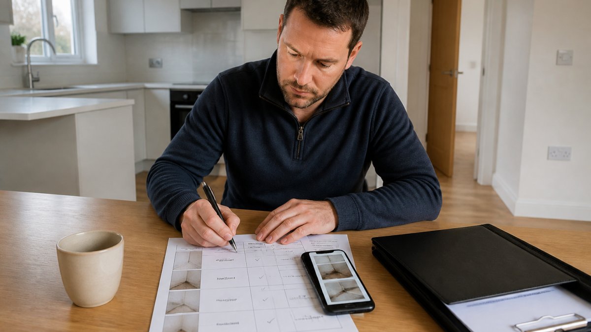 A homeowner sitting at a kitchen table with a laptop, printed snagging list and smartphone showing photos of damaged surfaces, marking items with a pen in a bright new-build home