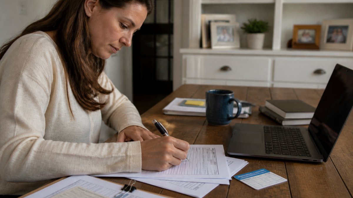 Parent filling out a form on a laptop to report vaccine side effects with medical records nearby