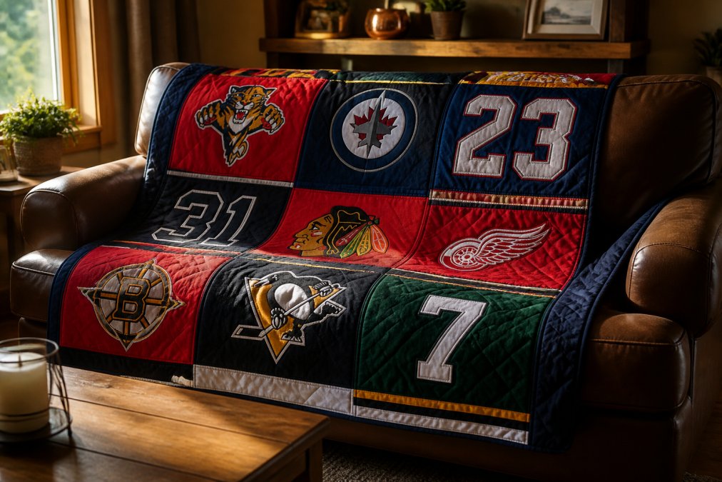 A finished hockey jersey quilt draped over a brown leather couch in a cozy living room, the grid pattern showing stitched jersey backs and team crests, warm afternoon light through a nearby window