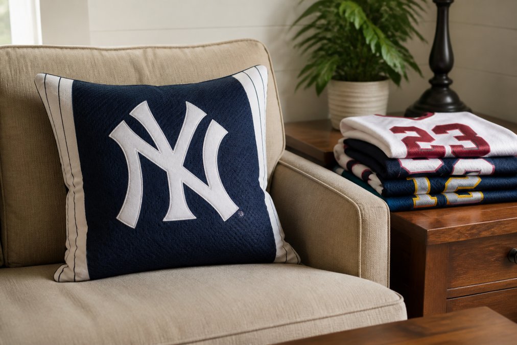 Styled home setting with a finished throw pillow displaying a vintage team logo positioned on a couch, with folded vintage sports jerseys stacked nearby on a wooden side table