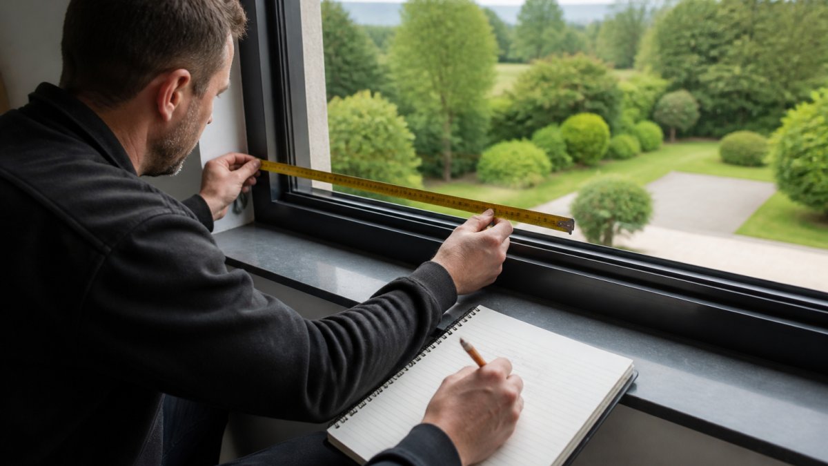 How to Request a Bespoke Glass Design Quotation 2 Professional measuring window frame opening with steel measuring tape, recording dimensions on a detailed notepad with pencil, natural daylight from the window