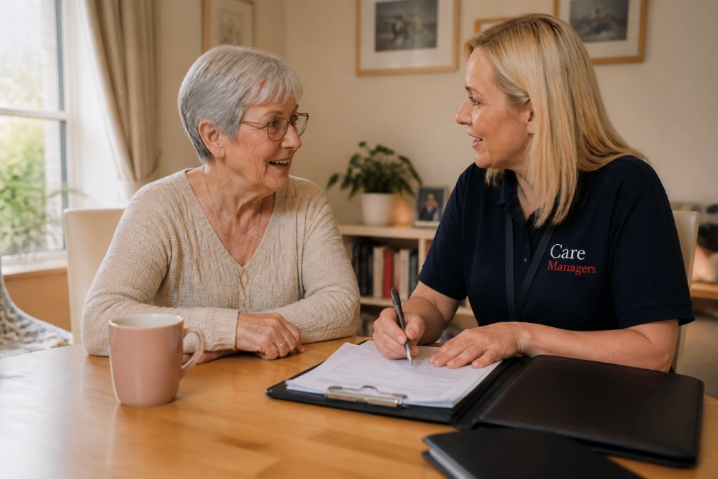 Professional older adult speaking with a social care assessor in a comfortable home setting, both seated at a table with paperwork, natural afternoon light from window, warm and respectful interaction