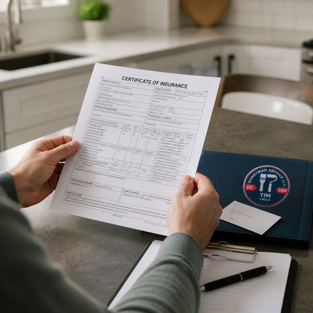 Close-up of a homeowner's hands holding a printed certificate of insurance next to a clipboard and pen on a kitchen table, with a contractor's folder and business card nearby