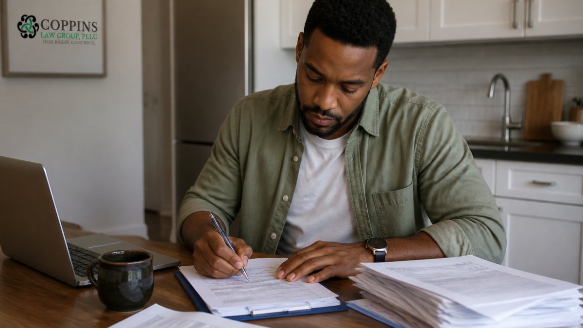 A parent sitting at a kitchen table with a stack of financial documents, a pen, and a laptop, carefully filling out a court form in a home setting