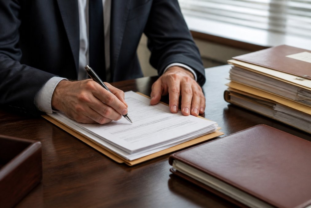 Close-up of a person's hands filling out an official court request form with a pen on a desk, a folder and case documents stacked nearby under bright office lighting