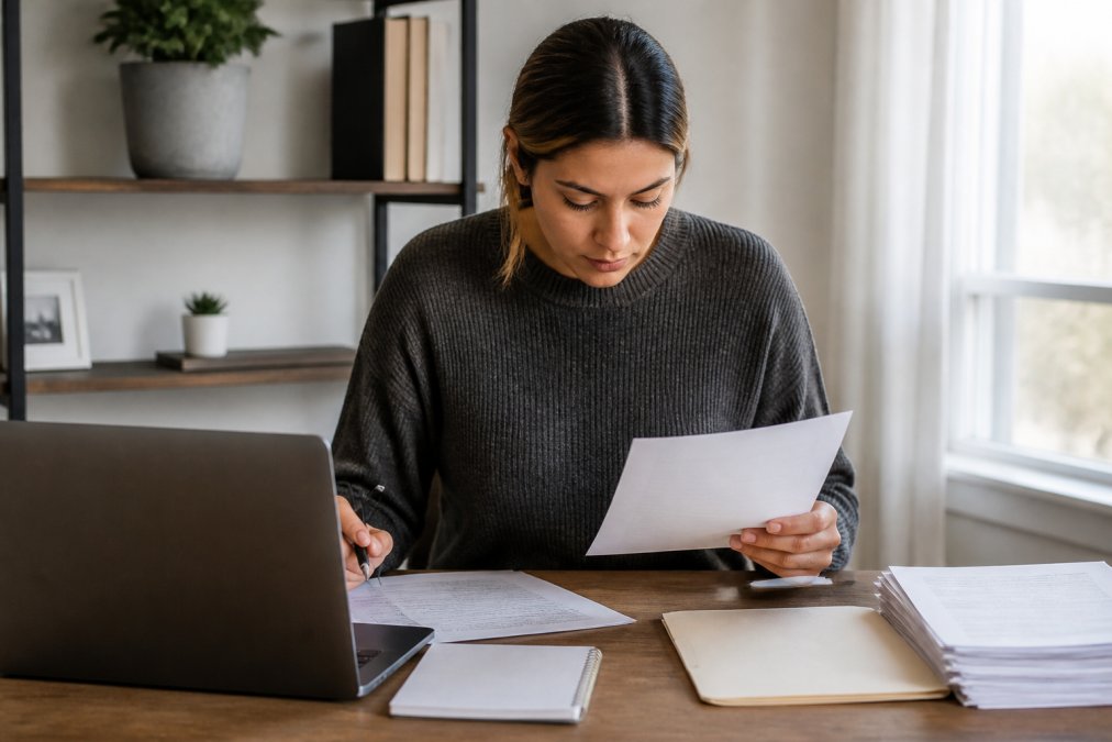 Person sitting at a desk with a laptop and documents, reviewing paperwork with a focused expression while preparing a DMV hearing request, with natural office lighting streaming through a window