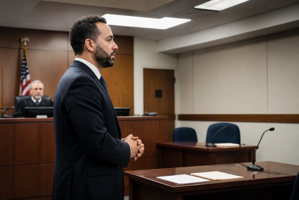 Professional in business attire standing in a formal government office with official furnishings and a hearing table, representing the formal nature of a DMV administrative proceeding, with professional overhead lighting
