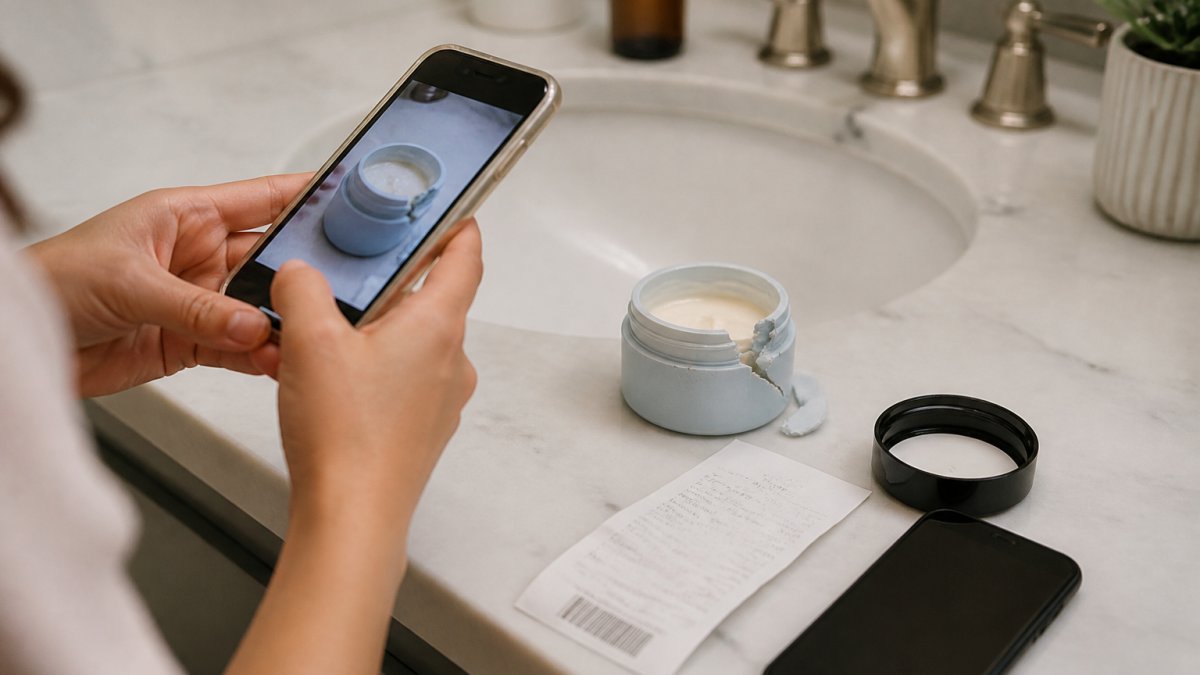 A person's hands photographing a cracked jar of face cream on a clean bathroom counter, with a receipt and order confirmation visible on a smartphone screen nearby