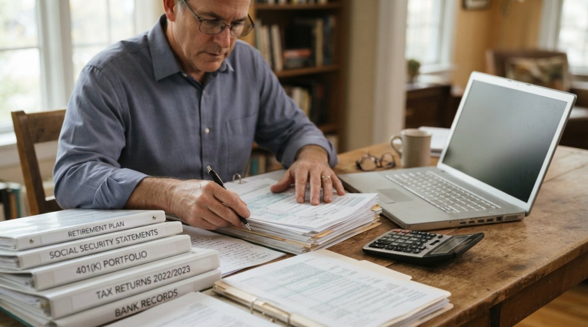Person at home desk organizing financial documents, retirement statements, and account papers in folders with a laptop and calculator nearby