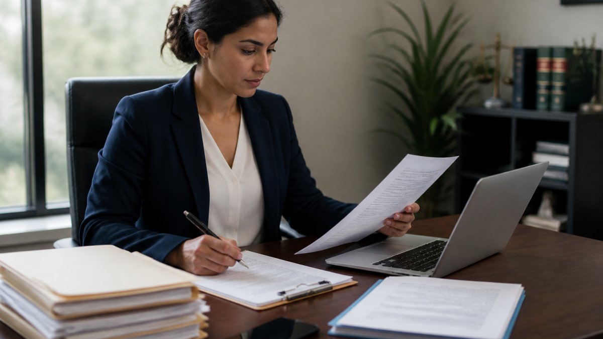 Professional sitting at a desk organizing documents and paperwork with a laptop and phone nearby, preparing an immigration request with natural office lighting