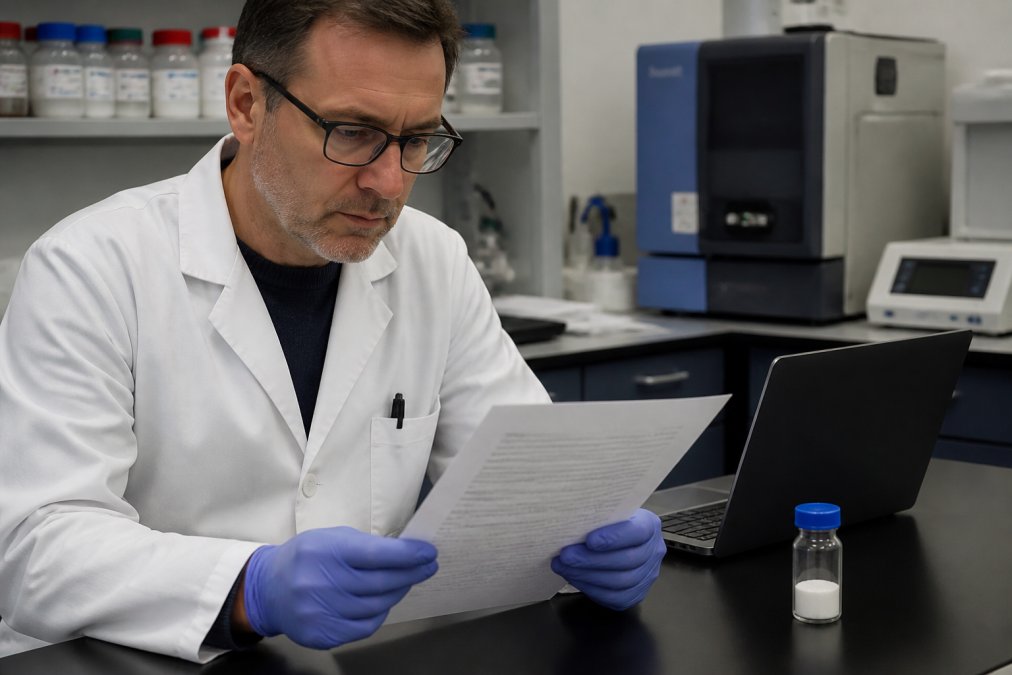 A scientist in a lab coat reviewing a printed certificate of analysis at a lab bench, laptop open beside a vial of lyophilized peptide under cool overhead lighting