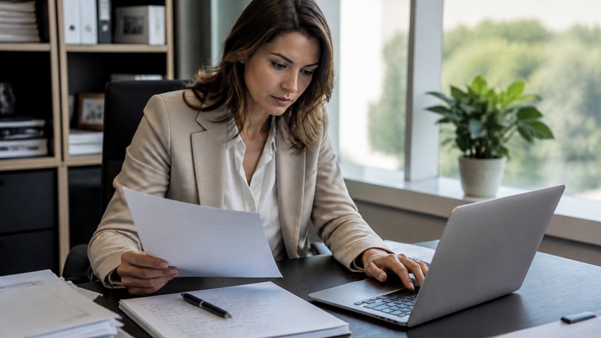 Professional at desk reviewing documents and typing data deletion request email on laptop, with notebook containing personal information details nearby, natural office lighting