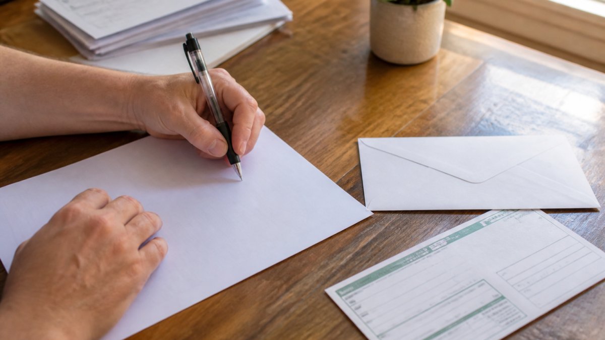 Hands writing a formal debt validation letter on a wooden desk with a certified mail form nearby