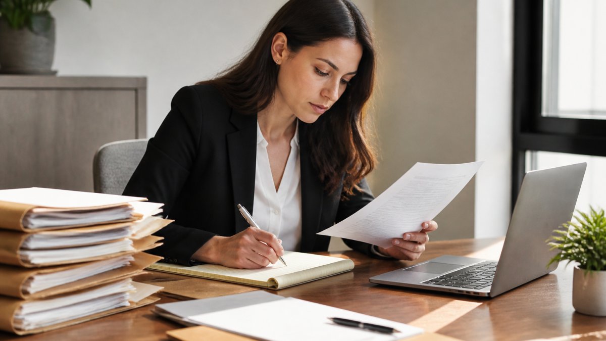 Professional at a desk reviewing medical documents and writing a formal medical records request letter, with organized file folders and laptop visible in natural office lighting