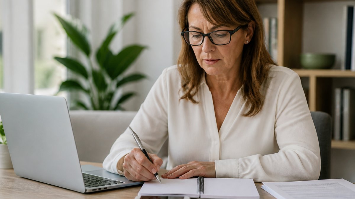 Professional sitting at desk with laptop and notebook, preparing NDIS documents with phone nearby, natural office lighting