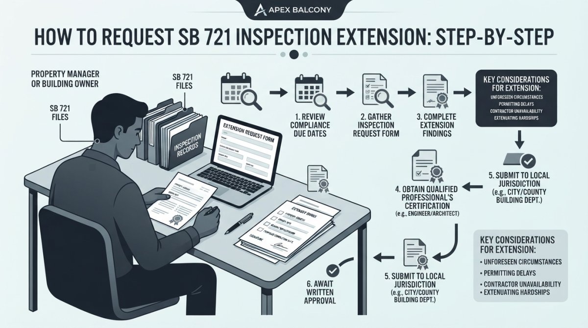 Property manager or building owner sitting at a desk reviewing SB 721 inspection documents and extension request forms with a laptop and file folders visible