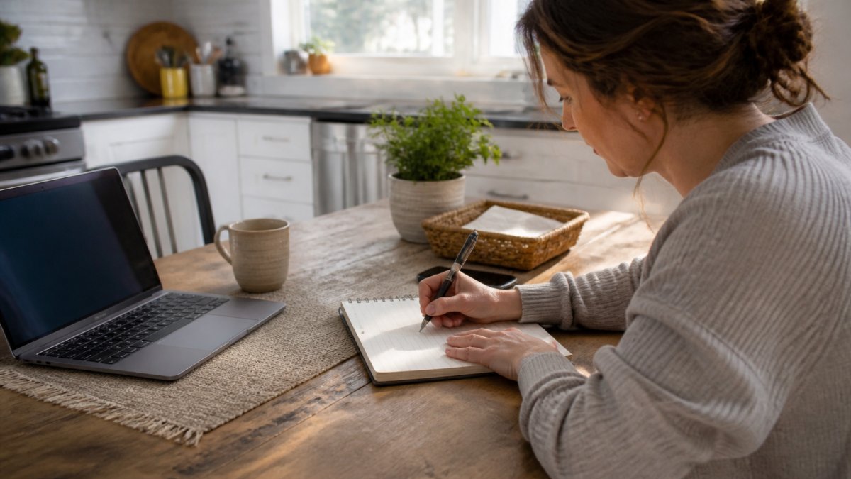 Homeowner writing detailed cleaning instructions on a notepad at a kitchen table with a laptop nearby displaying a digital checklist, natural morning light streaming through the window