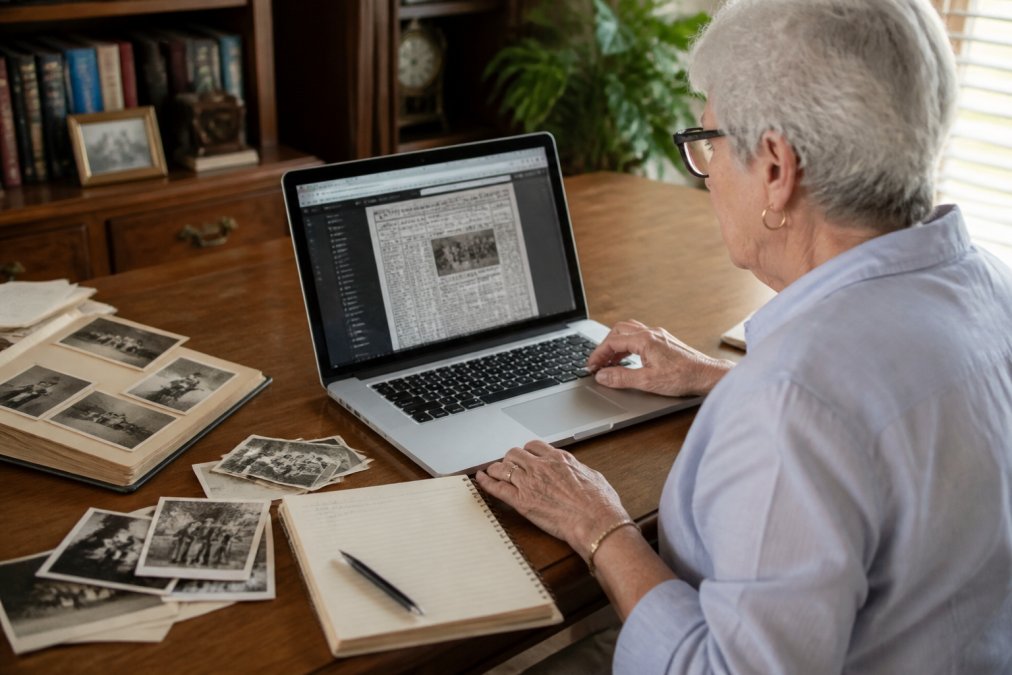 Person researching family history on a laptop surrounded by vintage photographs in a home study