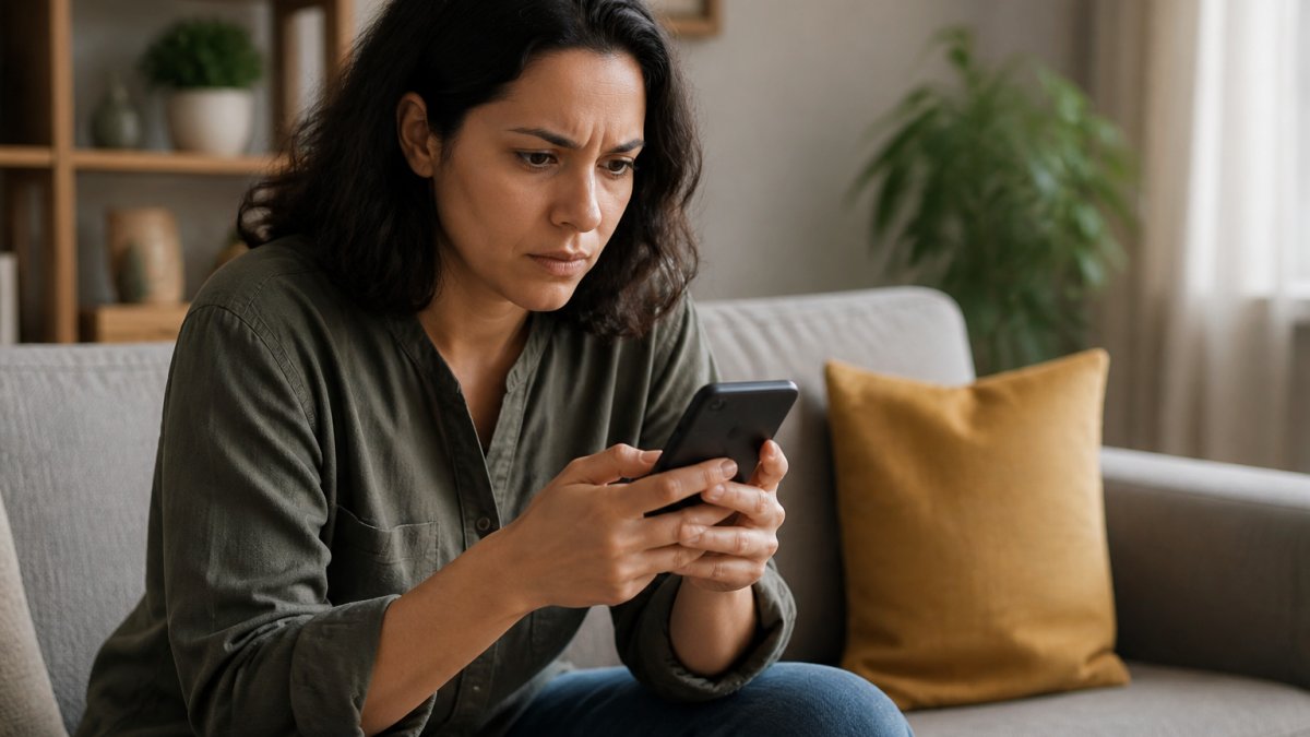 Person holding a smartphone and looking skeptically at online clothing reviews in a living room