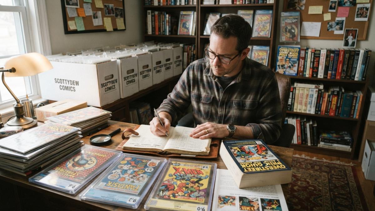Collector analyzing comic book market history with graded slabs, a laptop, and price guides at a desk.