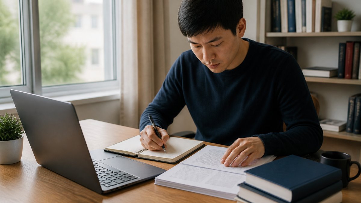 Person at a desk reviewing cryptocurrency whitepaper documentation on laptop and notebook, taking notes with pen in hand, natural window lighting