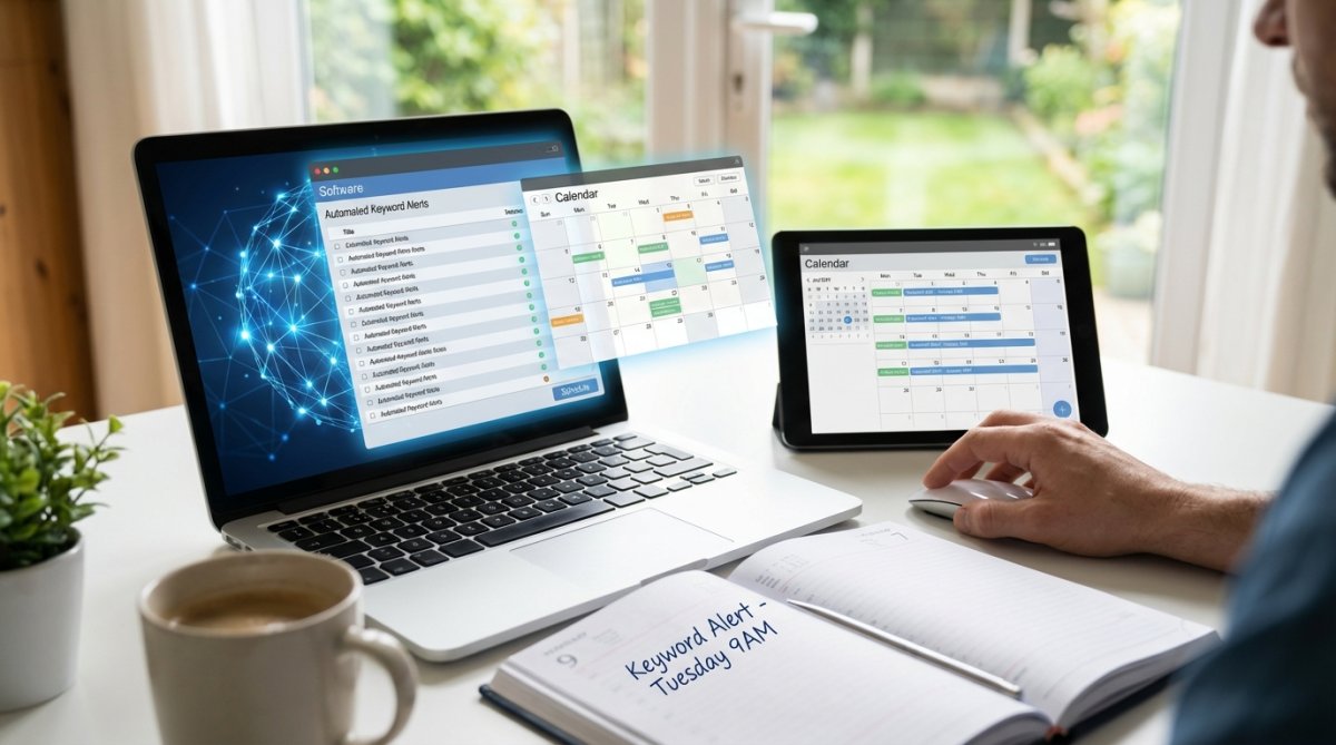 A content calendar integrated with keyword data, showing planned topics, target keywords, and publication dates
