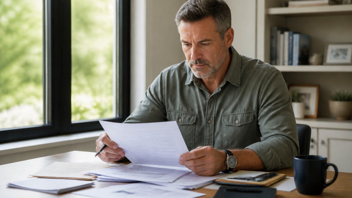 Homeowner sitting at a desk with a laptop and scattered property documents, holding a pen and reviewing paperwork with focused concentration in natural daylight