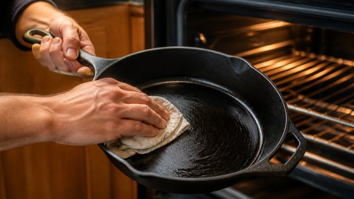 Step-by-step guide showing hands buffing oil onto a clean skillet before oven seasoning